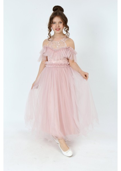 Kız Çocuk Tül Kumaş Işlemeli Astarlı Kolsuz Uzun Gece Parti Mezuniyet Zarif Abiye Elbise