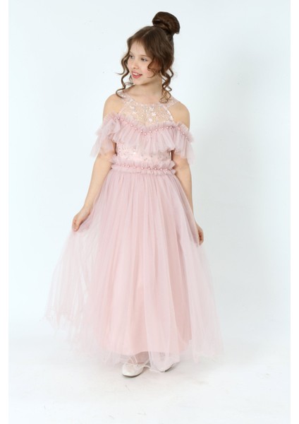 Kız Çocuk Tül Kumaş Işlemeli Astarlı Kolsuz Uzun Gece Parti Mezuniyet Zarif Abiye Elbise fiyatları
