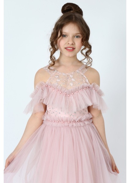 Kız Çocuk Tül Kumaş Işlemeli Astarlı Kolsuz Uzun Gece Parti Mezuniyet Zarif Abiye Elbise indirimleri