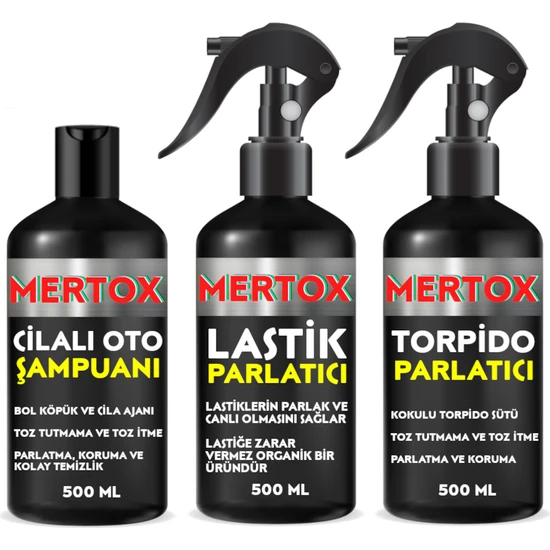 Mertox Otomobil Araç Araba Oto Temizlik Seti Ürünleri Oto Şampuanı+Lastik+Torpido Parlatıcı 3X500ML Malzemeleri