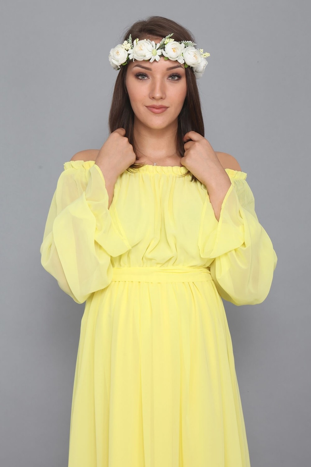 Moda Labio Babyshower Dökümlü Sarı Hamile Elbisesi görsel 2