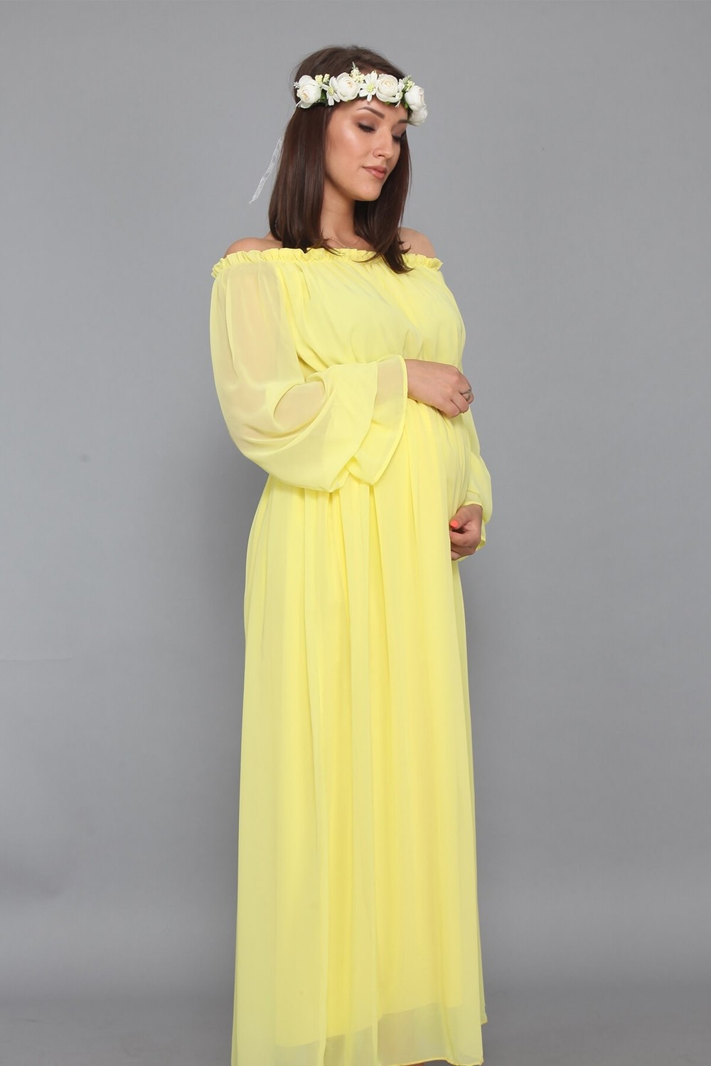 Moda Labio Babyshower Dökümlü Sarı Hamile Elbisesi görsel 3
