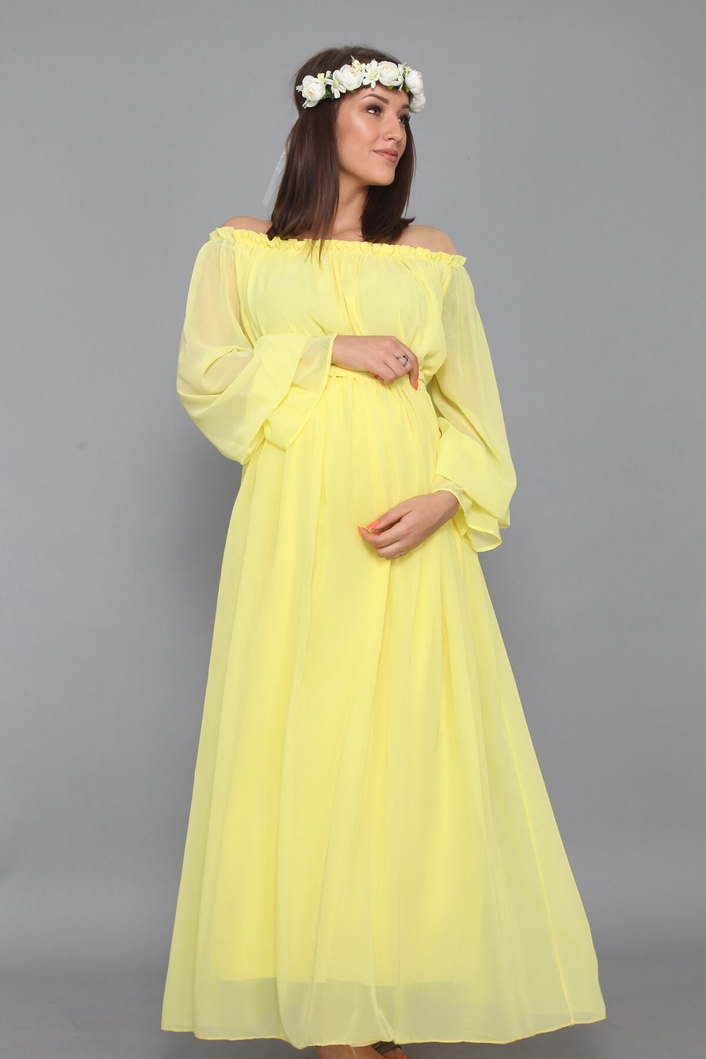 Moda Labio Babyshower Dökümlü Sarı Hamile Elbisesi görsel 4