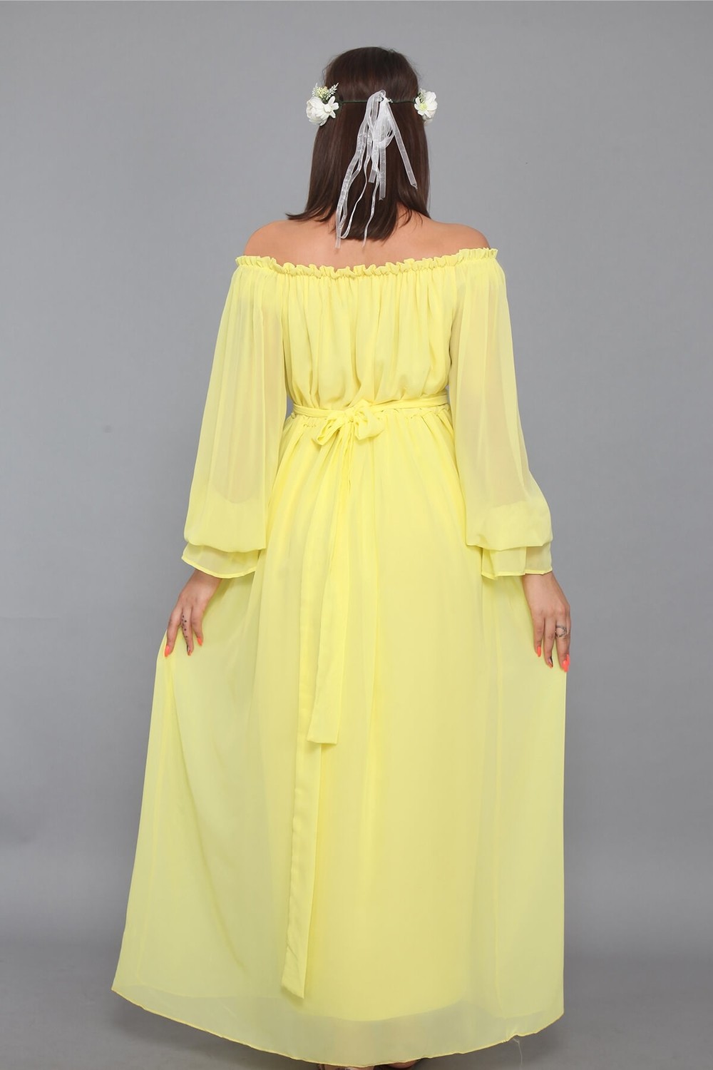 Moda Labio Babyshower Dökümlü Sarı Hamile Elbisesi görsel 5