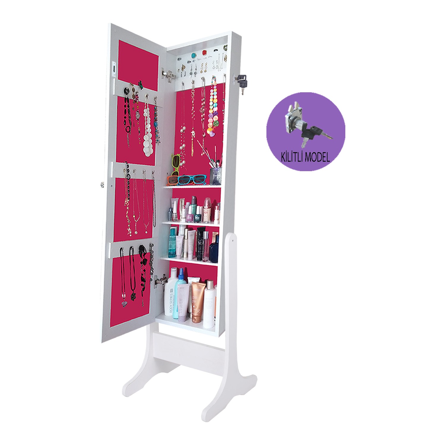 First Mobilya First Kilitli Aynalı Takı Dolabı Beyaz Fuşya Fiyatı