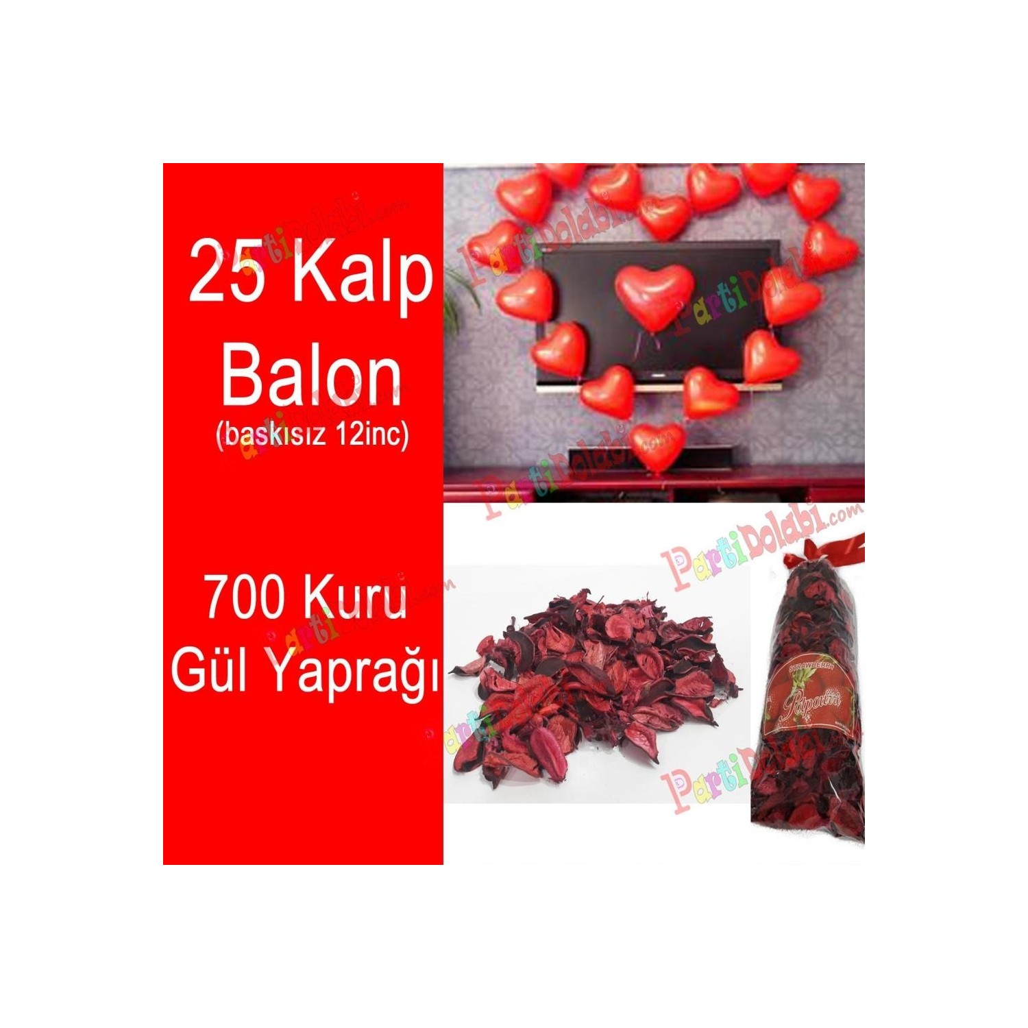 Partiniseç 25 Kalp Balon 700 Kuru Gül Kalpli Balon Ve Gül Fiyatı 