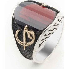 Takıhan  Kırmızı Taşlı Elif Vav Gümüş Erkek Yüzük