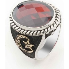 Takıhan  Kırmızı Zirkon Taşlı Ay Yıldız Detaylı Gümüş Erkek Yüzük