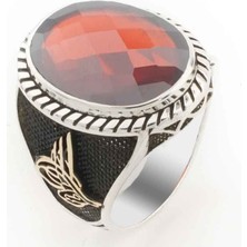 Takıhan  Osmanlı Tuğralı Kırmızı Zirkon Taşlı Gümüş Yüzük