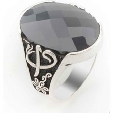 Takıhan  Siyah Zirkon Taşlı Elif Vav Detaylı Gümüş Erkek Yüzük