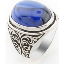 Takıhan  Bombeli Mavi Oval Taşlı Gümüş Erkek Yüzük