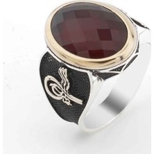 Takıhan  925 Ayar Gümüş Tuğra Detaylı Kırmızı Zirkon Taşlı Erkek Yüzük