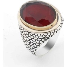 Takıhan  925 ayar Gümüş Oval Kırmızı Zirkon Taşlı Desenli Erkek Yüzük