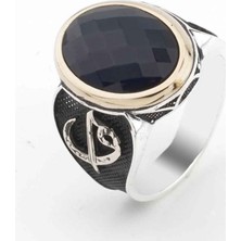 Takıhan  925 Ayar Gümüş Mavi Zirkon Taşlı Elif Vav Detaylı Erkek Yüzük