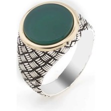 Takıhan  Yeşil Yuvarlak Akik Taşlı Gümüş Erkek Yüzük