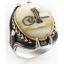 Takıhan  Sedef Taşlı Pençeli Osmanlı Tuğralı Gümüş Yüzük