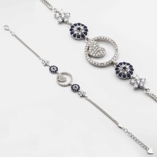 Takıhan  925 Ayar Gümüş Zirkon Taşlı Nazarlı Kalpli Bayan Bileklik