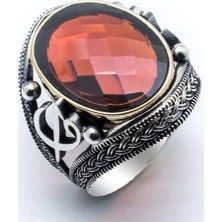 Takıhan  925 Ayar Gümüş Kırmızı Zirkon Taşlı Elif Vav Detaylı Yüzük