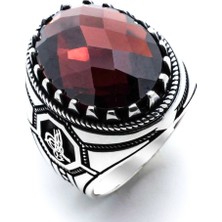 Takıhan  925 Ayar Gümüş Kırmızı Zirkon Taşlı Osmanlı Tuğrası Detaylı Yüzük