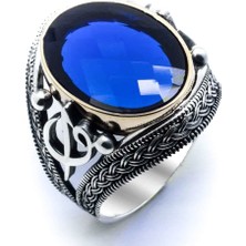 Takıhan  925 Ayar Gümüş Mavi Zirkon Taşlı Elif Vav Detaylı Yüzük