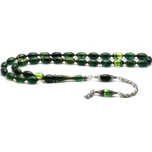 Takıhan  Gümüş Püsküllü Arpa Kesim Açık Yeşil Kehribar Tesbih