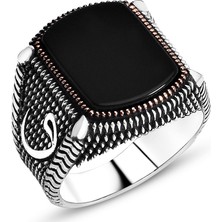 Takıhan  925 Ayar gümüş Vav Detaylı Oniks Taşlı Erkek Yüzük