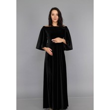 Moda Labio Düşük Omuz Kadife Siyah Hamile Elbisesi