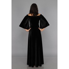 Moda Labio Düşük Omuz Kadife Siyah Hamile Elbisesi