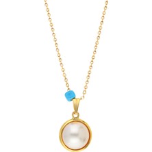 Forentina Bayan Altın Kaplama Mavi Boncuklu İncili Kolye Ps0612