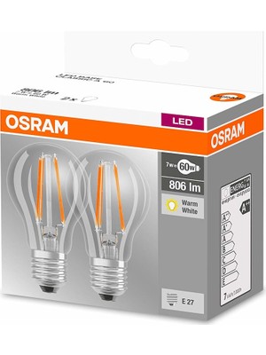 Osram Led Base Filamanlı 7W Sarı Işık E-27 806lm Ampul 2 li Paket