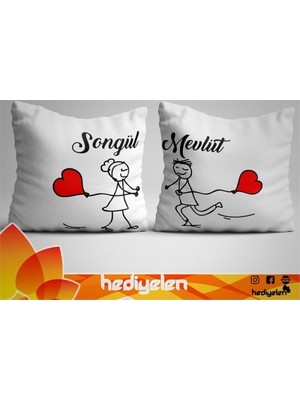 Hediyelen Yastık - İkili Kalp Çöp Adam Tasarımlı