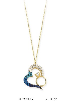 Harem Altın 14 Ayar Altın Mavi Kalpli Tektaş Yüzük Kolye KLY1337