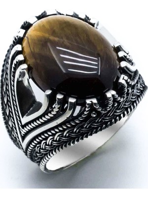 Takıhan  925 Ayar gümüş Oval Bombeli Kaplan Gözü Taşlı Yüzük