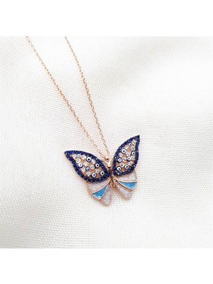 Nereze Mavi Taşlı Kelebek Kolye Bayan Gümüş Kolye