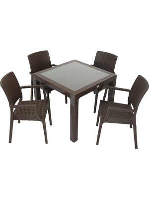 Mandella Rattan Elit 90X90 Elit Kollu Sandalye Camlı Masa Takımı