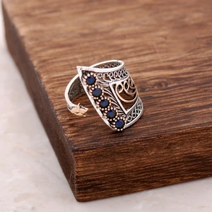 Sümer Telkari Safir Taşlı Telkari İşlemeli  Gümüş Yüzük 2509