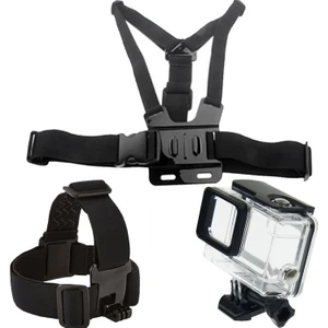 GO200 Kafa Bantlı Göğüs Kemerli ve GoPro Hero 5/6/7 Su Geçirmez Kılıf 5 Parça Aksesuar Seti