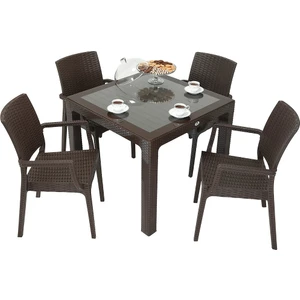 Rattan Elit 90X90 Elit Kollu Sandalye Camlı Masa Takımı