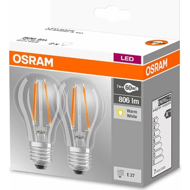 Osram Led Base Filamanlı 7W Sarı Işık E-27 806lm Ampul 2 li