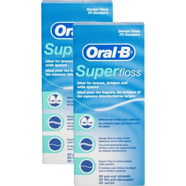 Oral-B Super Floss Diş İpi - Ortodontik ve Köprü Temizliği İçin Özel Tasarım, 2 Paket (50