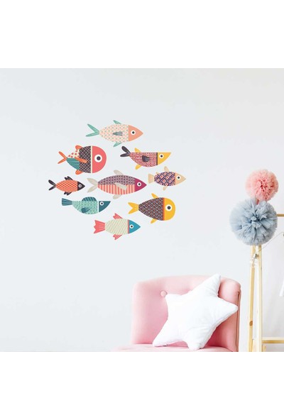 Yapıştırrco Renkli Balık Ailesi Çocuk Odası Duvar Stickerı