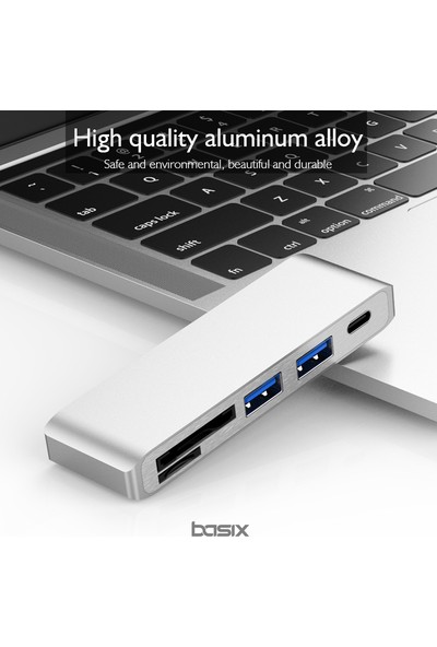 Basix USB C 5 in 1 Multiport Alüminyum USB 3.0 Hub Kart Okuyucu - Space Gray (BSX-T5G)