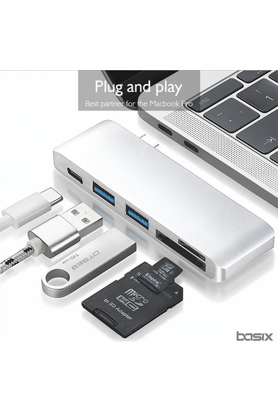 Basix USB C 5 in 1 Multiport Alüminyum USB 3.0 Hub Kart Okuyucu - Space Gray (BSX-T5G)