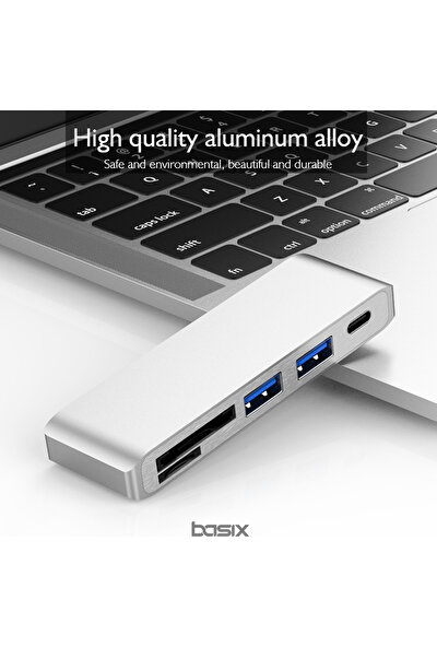 Basix USB C 5 in 1 Multiport Alüminyum USB 3.0 Hub Kart Okuyucu - Silver (BSX-T5S)