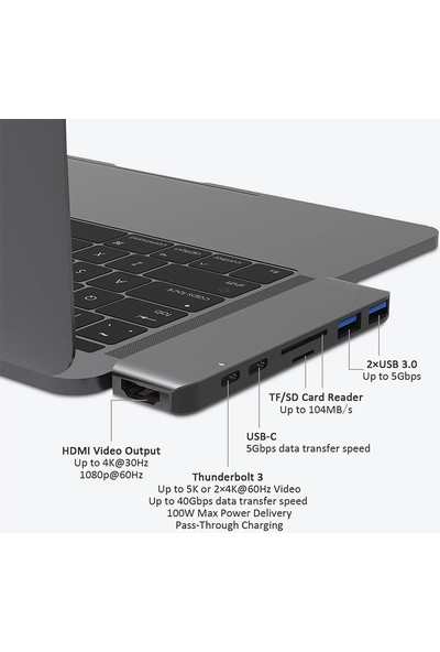 Basix USB C 7 in 1 Multiport Alüminyum HDMI Dönüştürücü, 2xUSB 3.0 Hub, Kart Okuyucu, 2xUSB C - Space Gray (BSX-P1G)