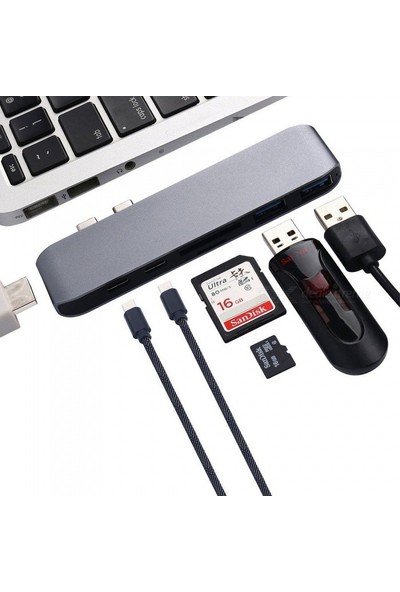 Basix USB C 7 in 1 Multiport Alüminyum HDMI Dönüştürücü, 2xUSB 3.0 Hub, Kart Okuyucu, 2xUSB C - Space Gray (BSX-P1G)
