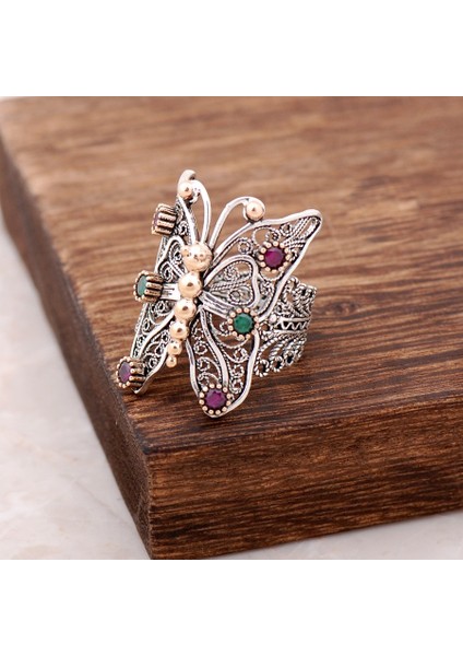 Zümrüt Yakut Taşlı Telkari İşlemeli Kelebek Gümüş Yüzük 2499