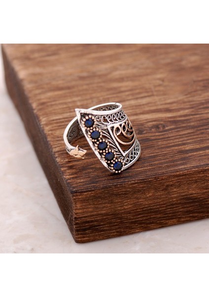 Safir Taşlı Telkari İşlemeli Gümüş Yüzük 2509