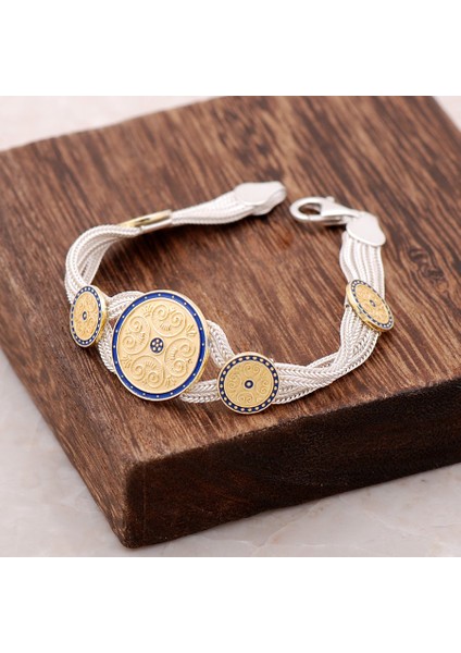 Mineli Altın Yaldızlı El Örmesi Midyat Hasırı Gümüş Bileklik 2357