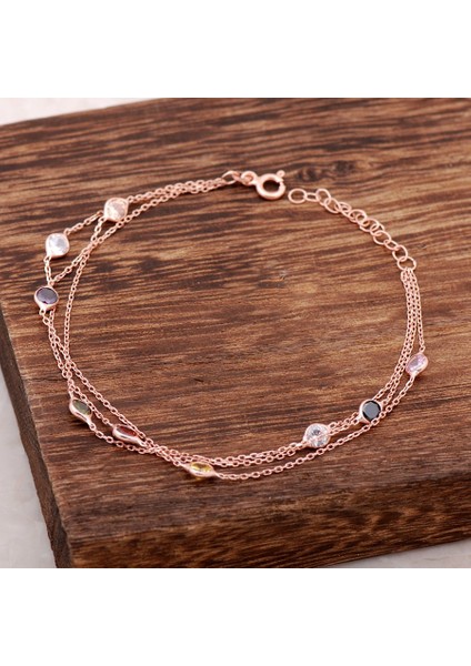 Rose Gümüş Sıra Taşlı Tasarım Gümüş Bileklik 2390